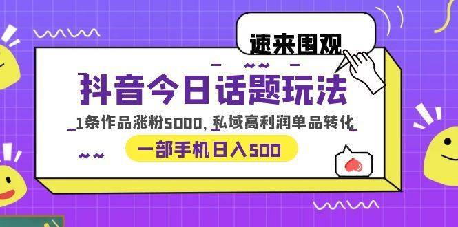 抖音今日话题玩法，1条作品涨粉5000，私域高利润单品转化 一部手机日入500-续财库